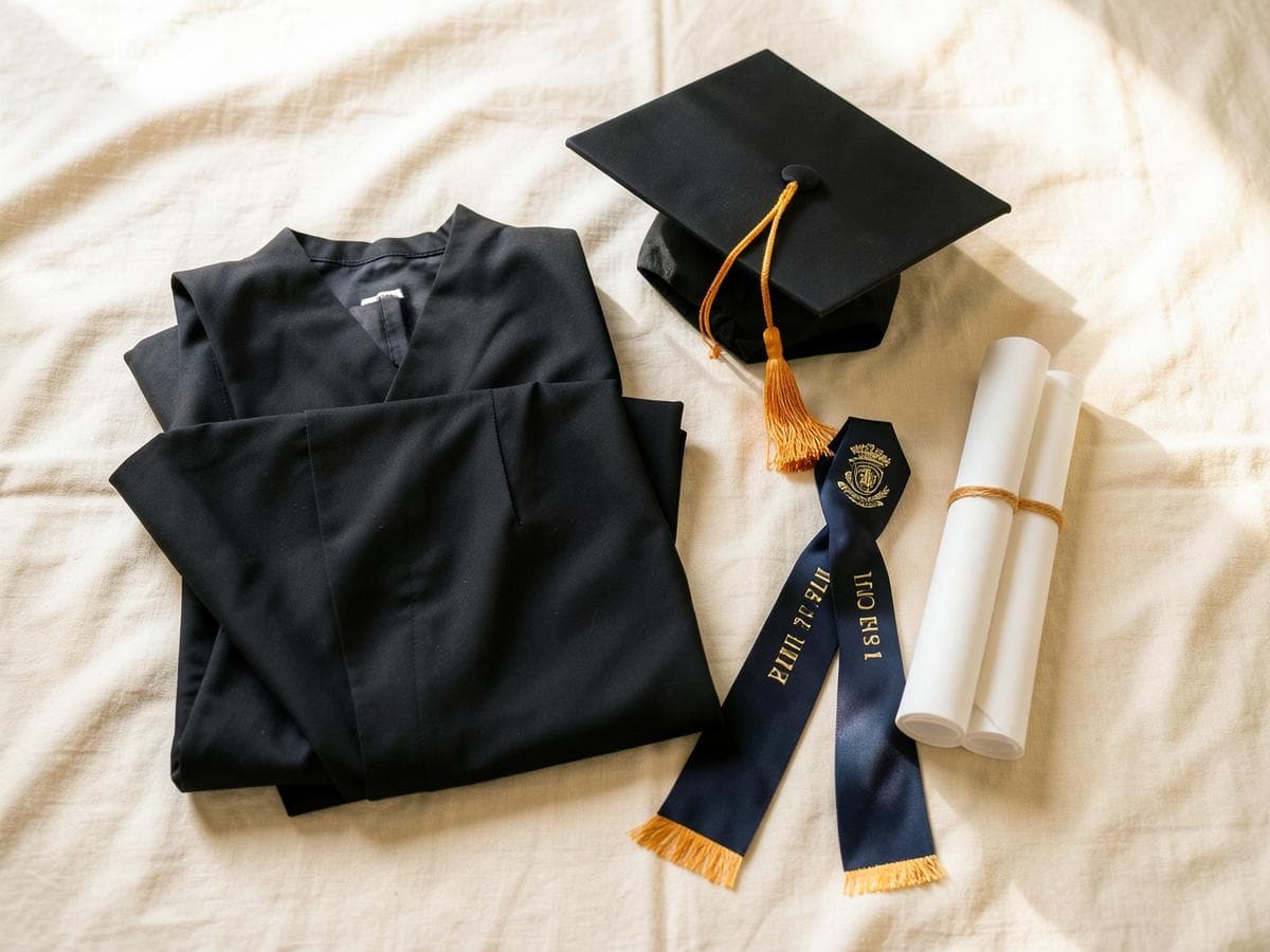 Robă, tocă, eșarfă personalizată și diplome așezate pe o pânză crem